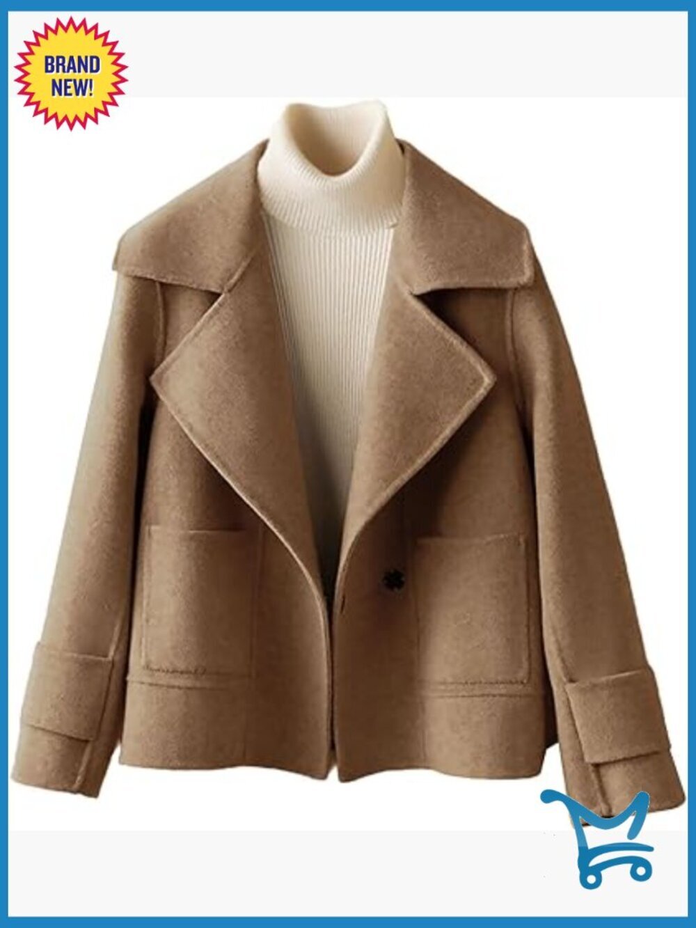 Womens Short Wool Pea Coat Notched Lapel Cropped Trench Coat with Pockets